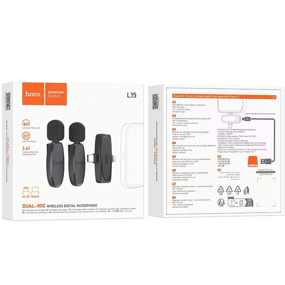 Lavaliermikrofon HOCO L15, USB-C / Lightning, Set med 2 stycken, Svart