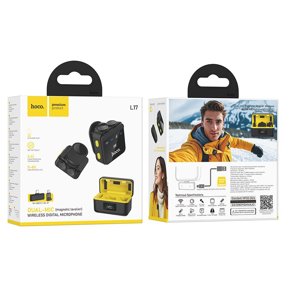 Lavaliermikrofon HOCO L17, USB-C / Lightning, Set med 2 stycken, Svart