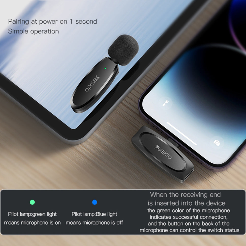 Lavaliermikrofon Yesido KR15, USB-C / Lightning, Set med 2 stycken, Svart