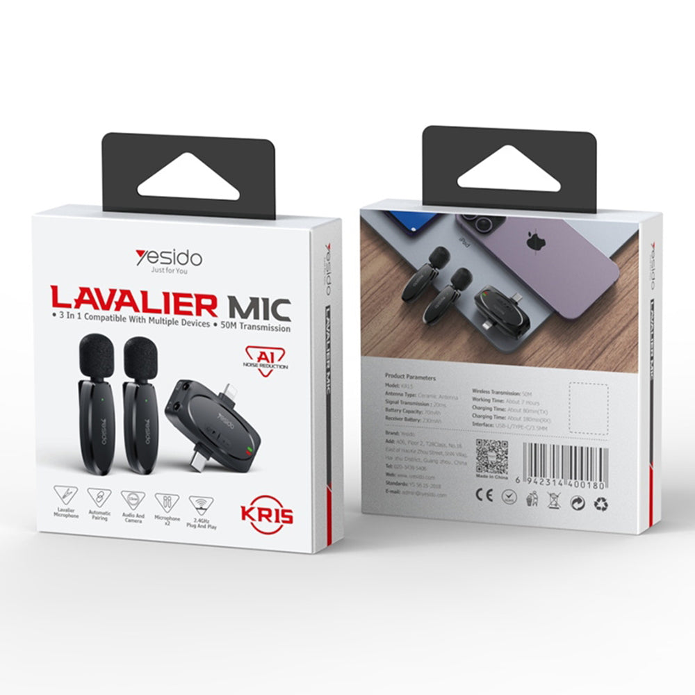 Lavaliermikrofon Yesido KR15, USB-C / Lightning, Set med 2 stycken, Svart