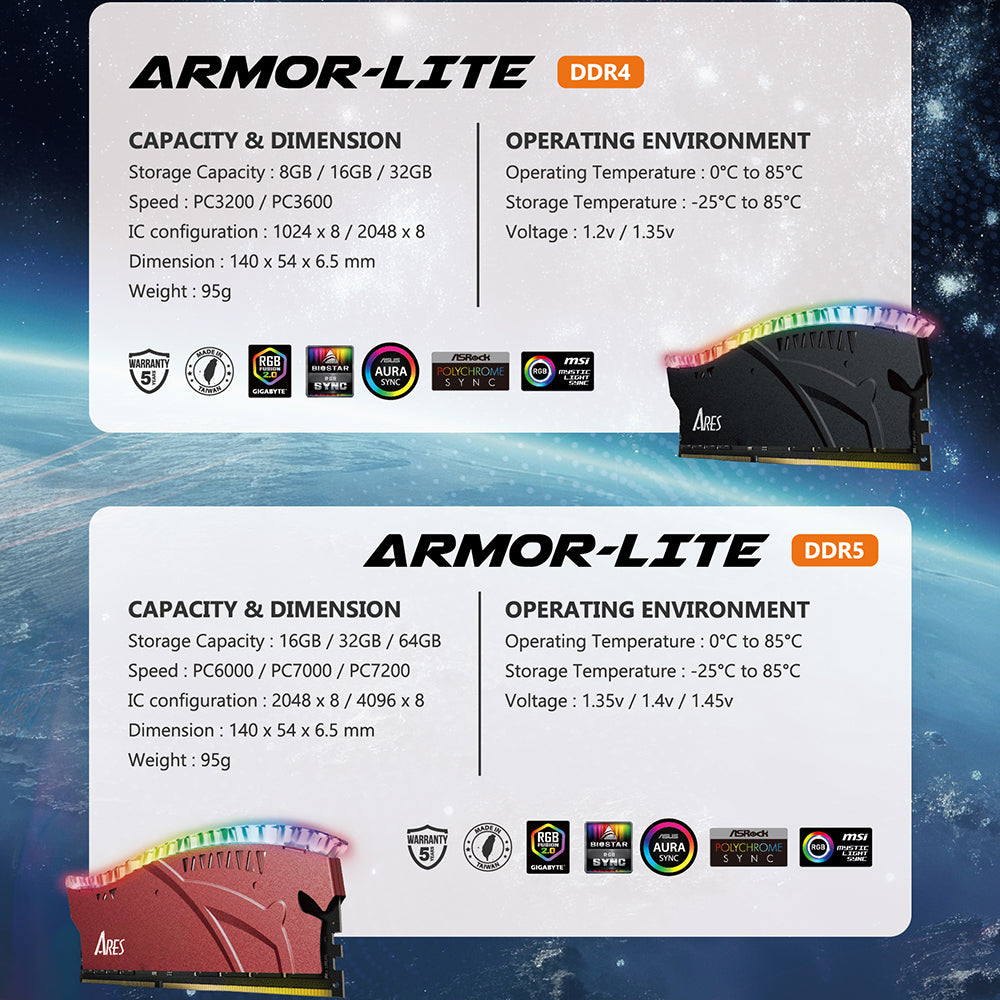RAM-minne Dato Ares Armor Lite, DDR5, RGB, 32GB, 6000Mhz, Svart ARB32G5K60