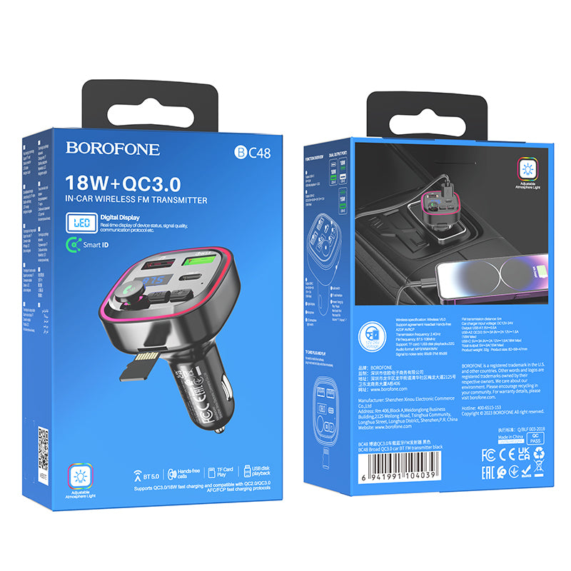 FM Bluetooth-modulator Borofone BC48, 2 x USB-A - 1 x USB-C - 1 x microSD