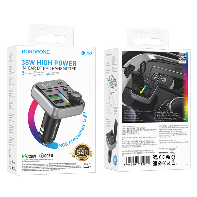 FM Bluetooth-modulator Borofone BC50 Ascenso, 2 x USB-A - 1 x USB-C
