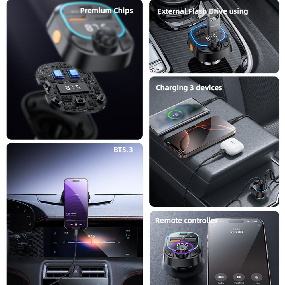 FM-modulator Bluetooth Yesido Y70, 2 x USB-A - 1 x USB-C