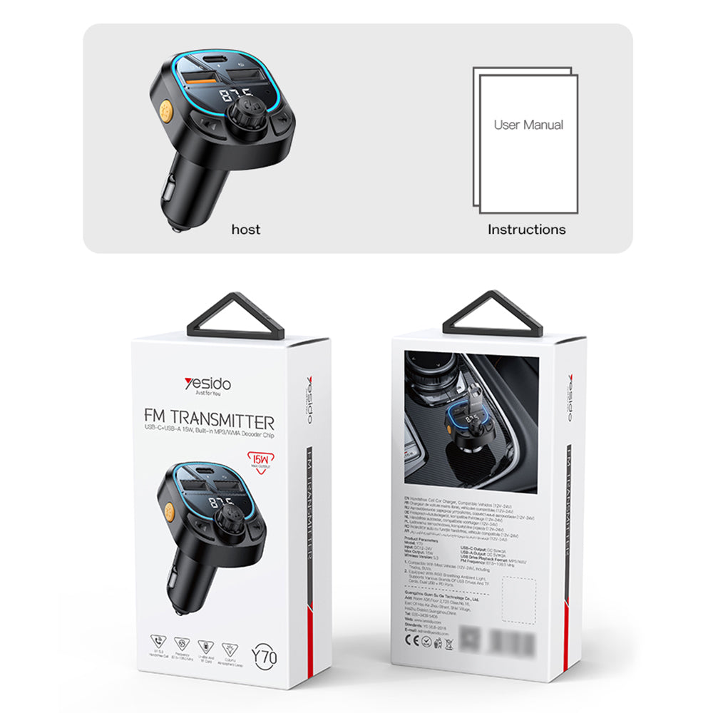 FM-modulator Bluetooth Yesido Y70, 2 x USB-A - 1 x USB-C