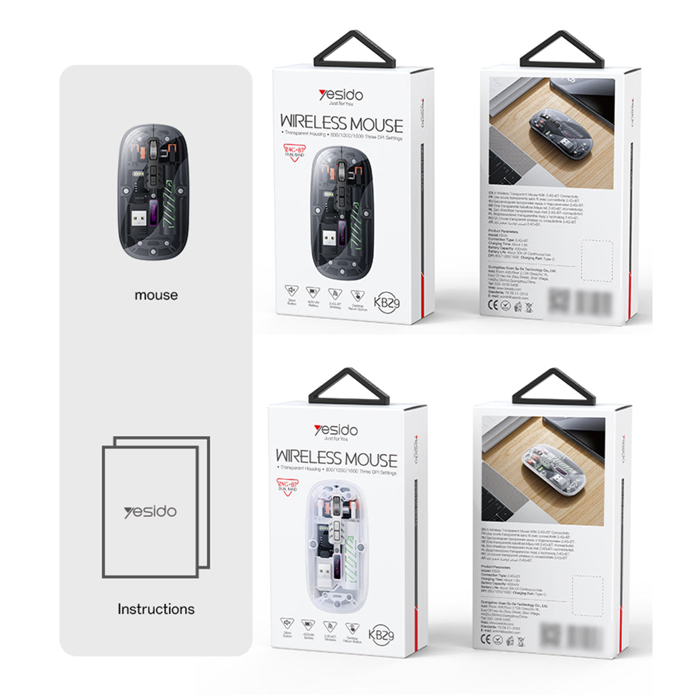 Trådlös mus Yesido KB29, 800DPI - 1600DPI, BT / Wi-Fi, Vit