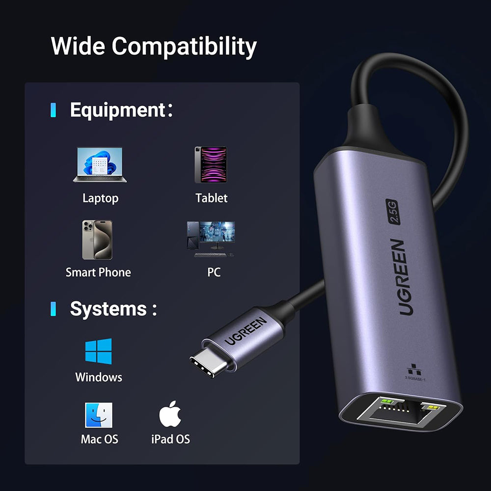 UGREEN CM648 (25052) nätverkskort, RJ45, USB-C, Grå