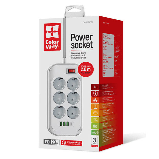 Förlängningssladd ColorWay, 6 x Schuko, Vit