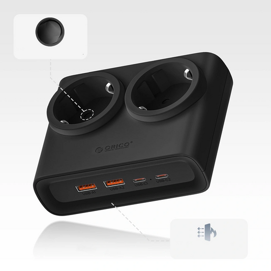 Orico PDC25 förlängningssladd, 2 x Schuko - 2 x USB-A - 2 x USB-C, Svart