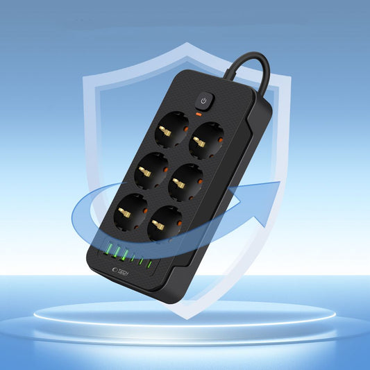 Förlängningssladd Tech-Protect PC6X6, 15,5W, 3,1A, 3 x USB-A - 3 x USB-C - 6 x Schuko, svart