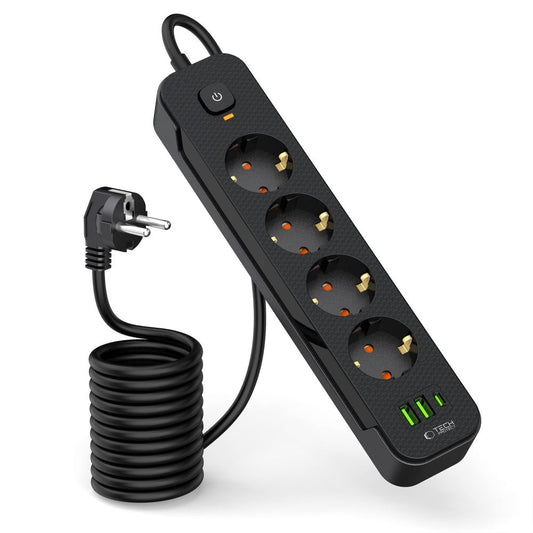 Förlängningssladd Tech-Protect PCL4X3, 10,5W, 2,1A, 2 x USB-A - 1 x USB-C - 4 x Schuko, svart