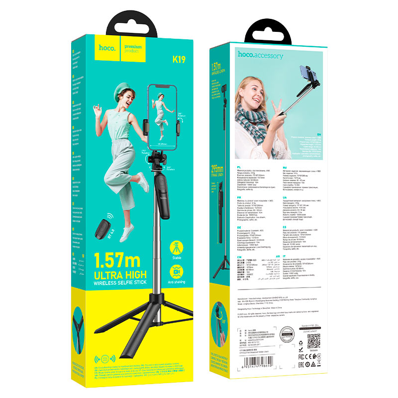 Selfie Stick Bluetooth HOCO K19 Soul Live Broadcast, universal, svart