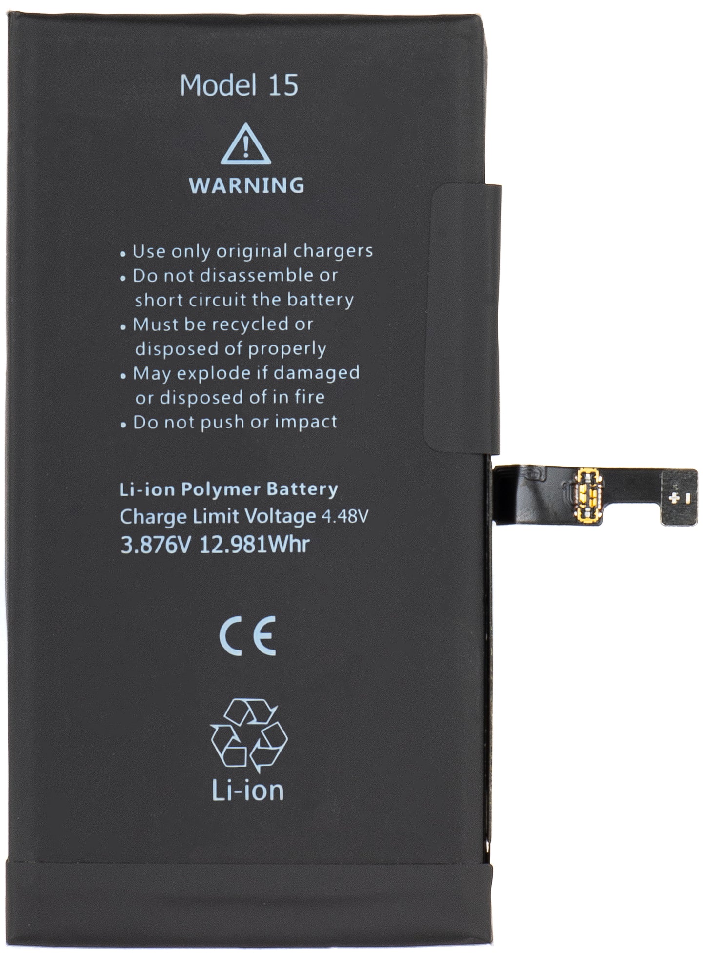Apple iPhone 15-batteri med Flex BMS-bandintegration (kräver inte lödning av kontakter)