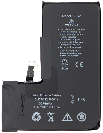 Apple iPhone 15 Pro batteri, med integrerad Flex BMS-band (kräver inte lödning av kontakter)