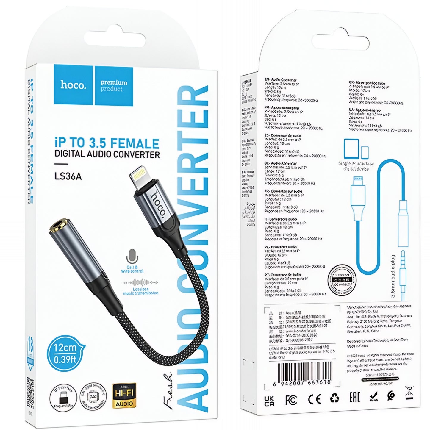 Lightning to 3.5mm Audio Adapter HOCO LS36A, Gray