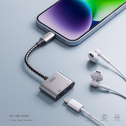 Audioadapter Lightning - 2 x Lightning XO Design NB-R258A, Grå