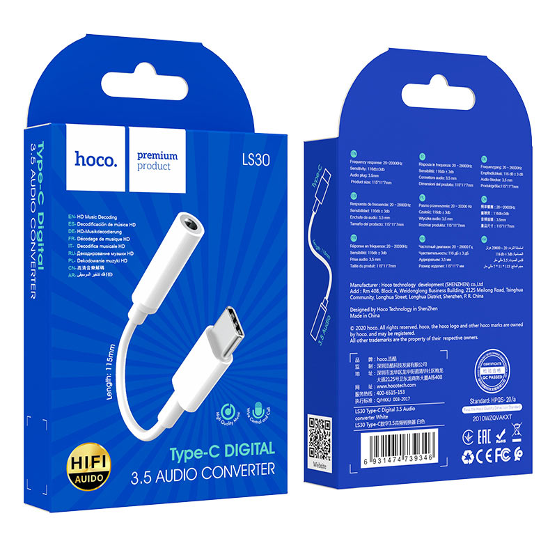 USB-C till 3,5 mm ljudadapter HOCO LS30, vit
