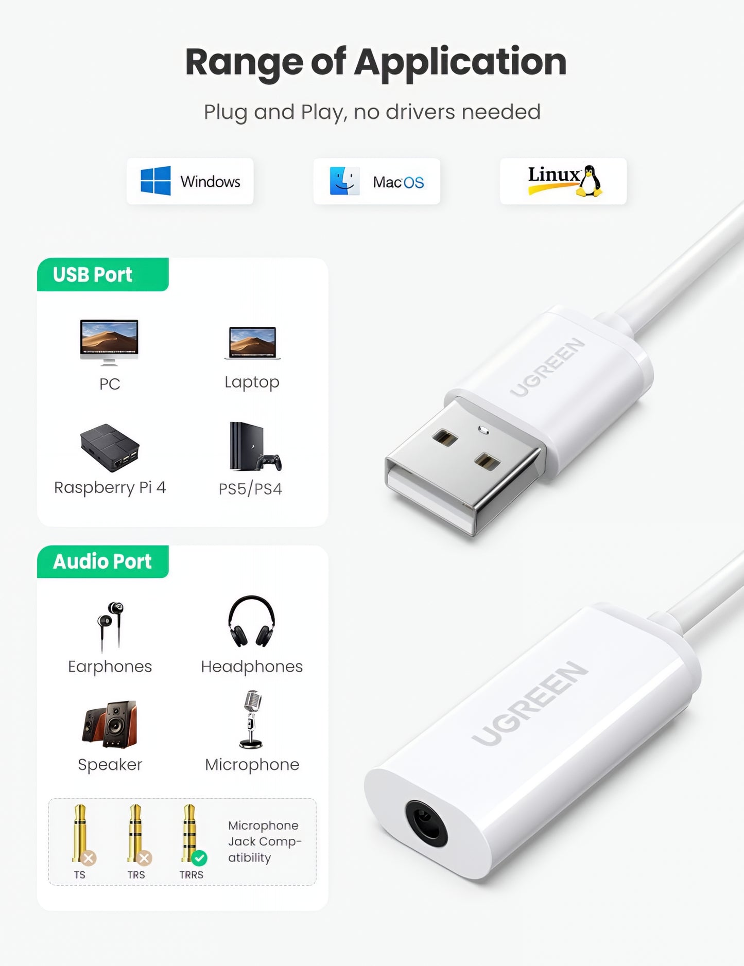 Audioadapter UGREEN US206, USB-A - 3,5 mm, Vit