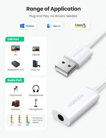 Audioadapter UGREEN US206, USB-A - 3,5 mm, Vit