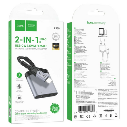 Audioadapter USB-C - USB-C / 3,5 mm HOCO LS39, Svart