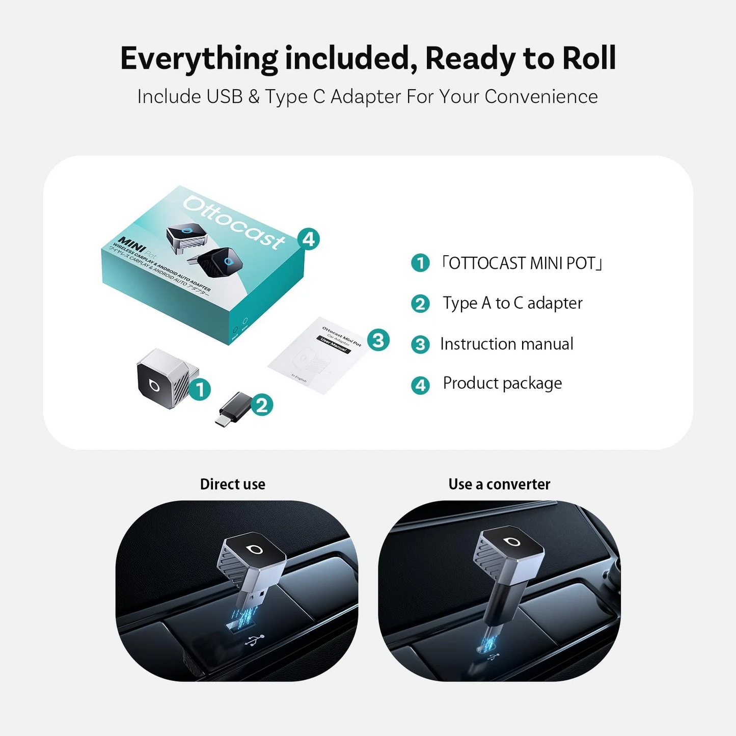 Trådlös Carplay / Android Auto-adapter Ottocast Mini Cube Style C för Apple iPhone / Android-serien CP88-T3
