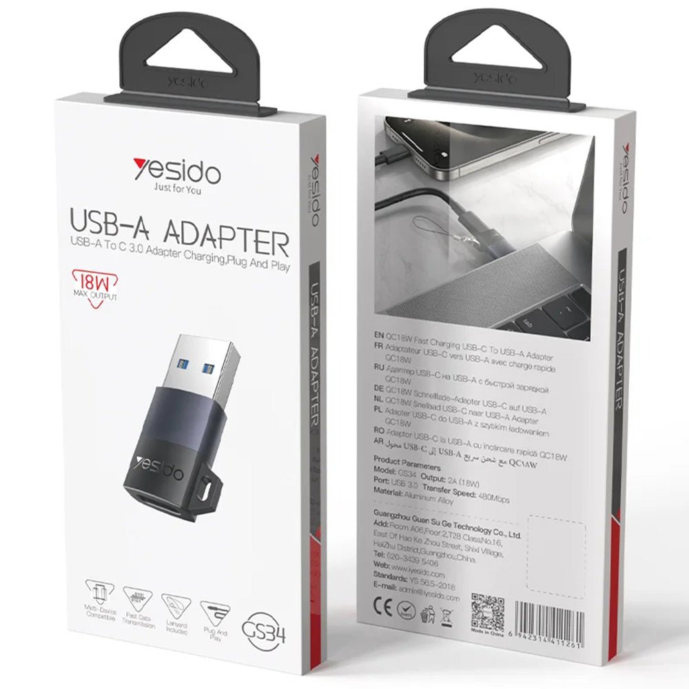 USB-C - USB-A Data- och Laddningsadapter Yesido GS34, Grå