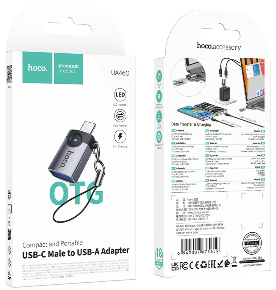 OTG-adapter USB-C - USB-A HOCO UA46C, Grå
