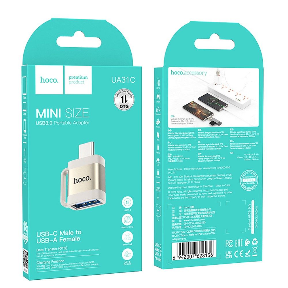 OTG-adapter USB-C - USB-A HOCO UA31C, Grå