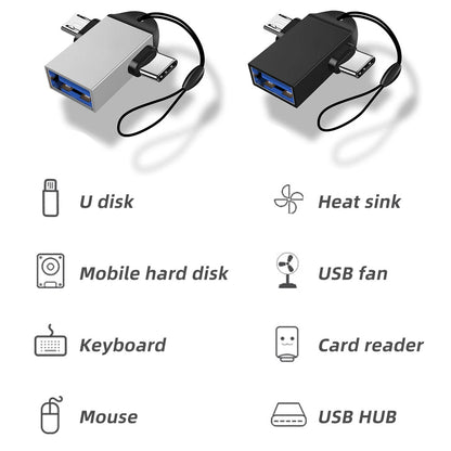 OTG-adapter microUSB / USB-C - USB-A Techsuit A15 AluCoreX, Svart