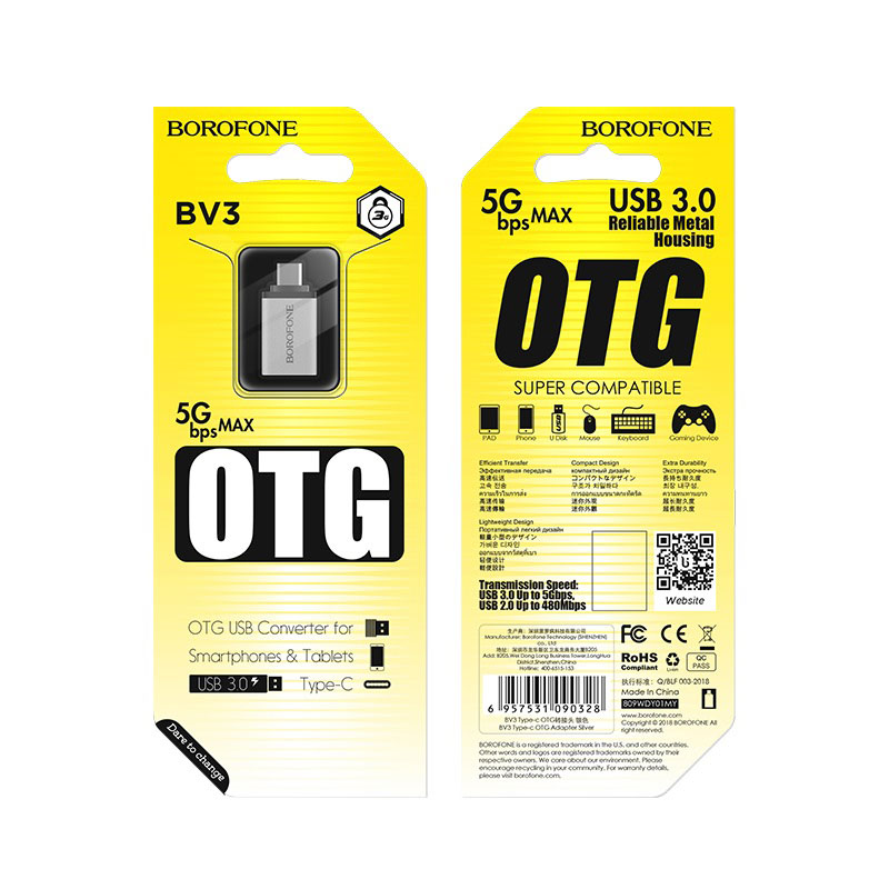 OTG-adapter USB-A - USB-C Borofone BV3, Silver