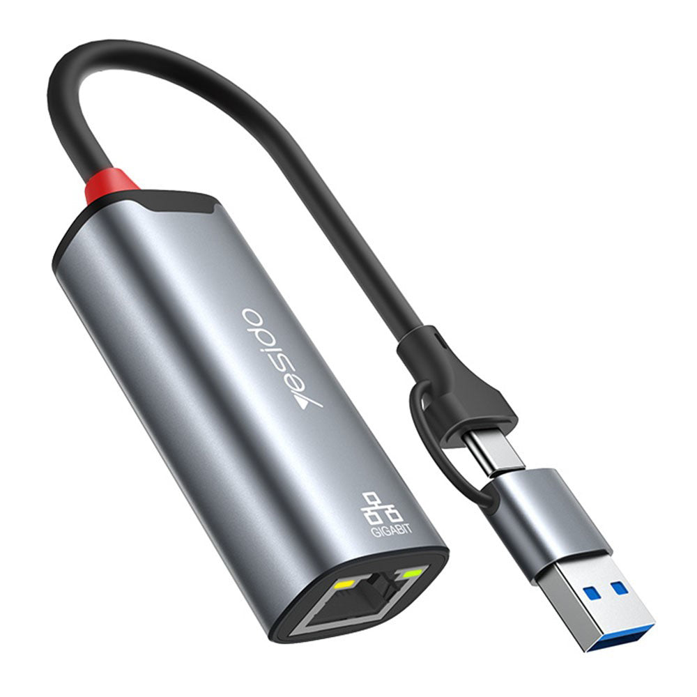Nätverksadapter Yesido HB26, RJ45, USB / USB-C, Grå