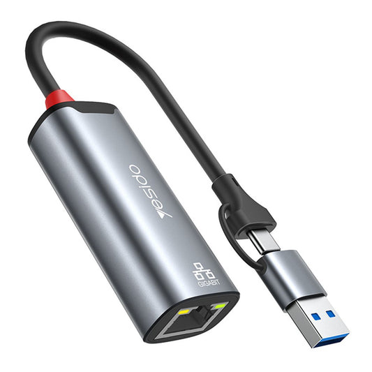 Nätverksadapter Yesido HB26, RJ45, USB / USB-C, Grå