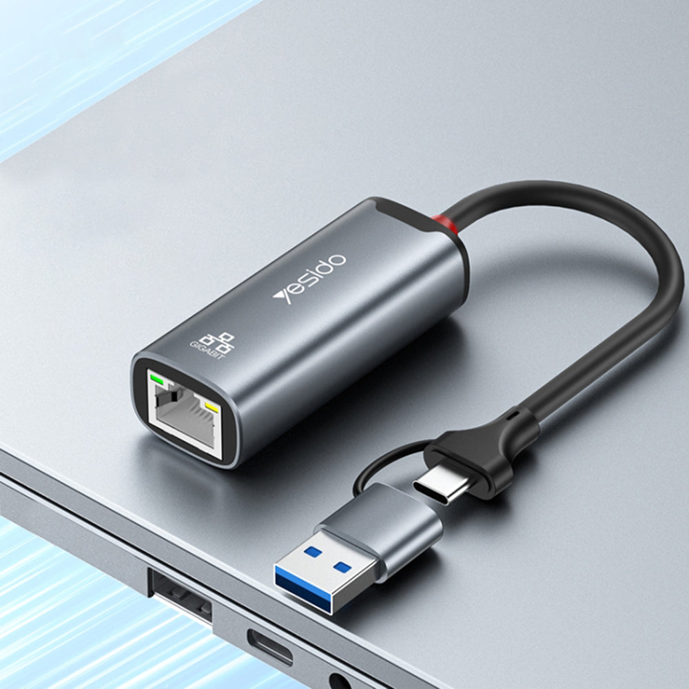 Nätverksadapter Yesido HB26, RJ45, USB / USB-C, Grå