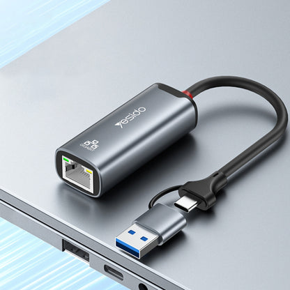Nätverksadapter Yesido HB26, RJ45, USB / USB-C, Grå