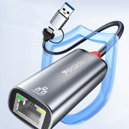 Nätverksadapter Yesido HB26, RJ45, USB / USB-C, Grå