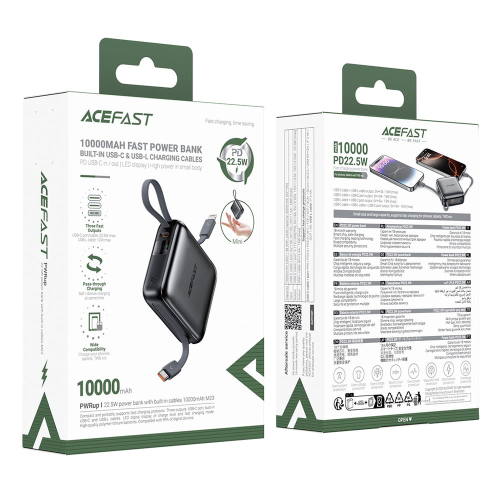 Extern batteri Acefast M23, 10000mAh, 22.5W, QC + PD, 1 x Lightning - 2 x USB-C, Grå