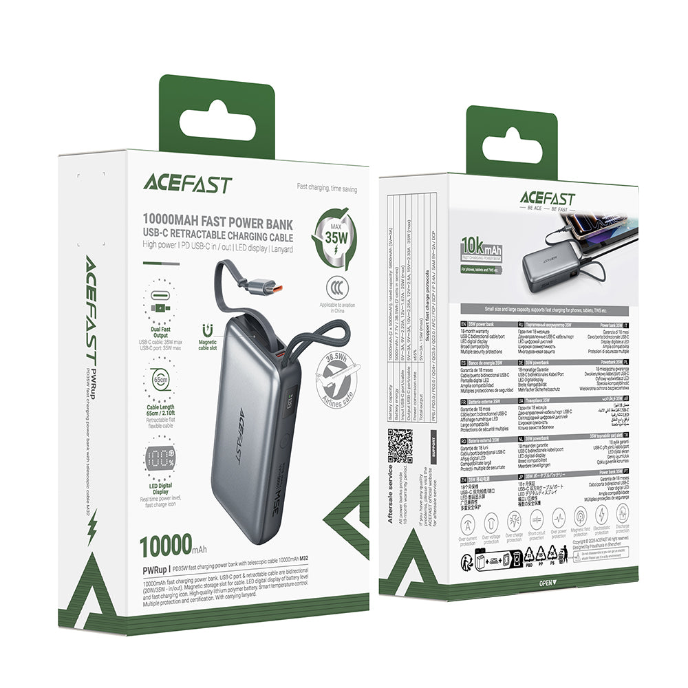 Extern batteri Acefast M32, 10000mAh, 35W, PD, 2 x USB-C, Grå