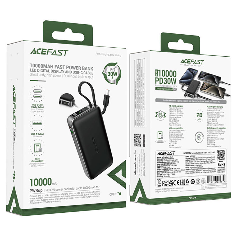 Extern batteri Acefast M7, 10000mAh, 30W, QC + PD, 1 x USB-A - 2 x USB-C, Svart