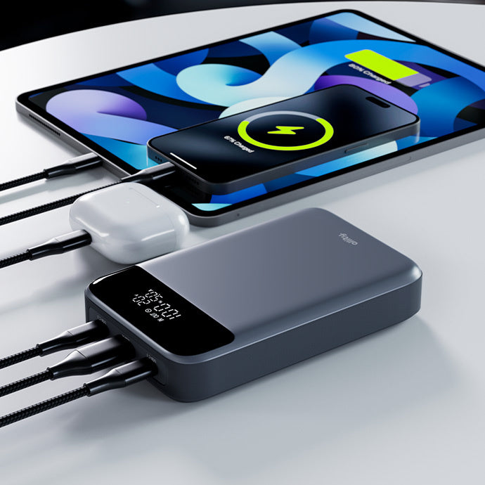 Extern batteri Allity. APB-200 PocketPower, 19200mAh, 130W, QC + PD, 1 x USB-A - 2 x USB-C, Grå