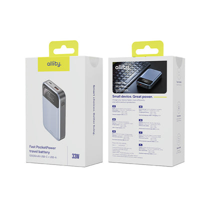 Extern batteri Allity. APB-200 PocketPower, 10000mAh, 33W, QC + PD, 1 x USB-A - 1 x USB-C, Grå