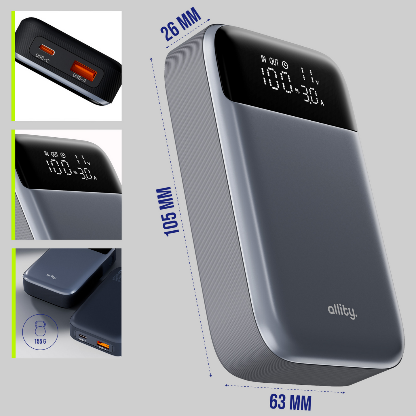 Extern batteri Allity. APB-200 PocketPower, 10000mAh, 33W, QC + PD, 1 x USB-A - 1 x USB-C, Grå