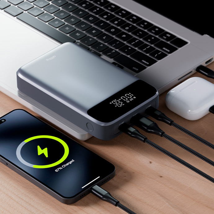 Extern batteri Allity. APB-200 PocketPower, 19200mAh, 130W, QC + PD, 1 x USB-A - 2 x USB-C, Grå