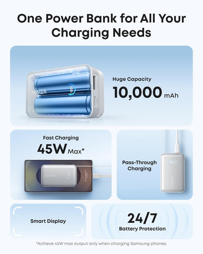 Externt batteri Anker Nano, 10000mAh, 45W, QC + PD, 1 x USB-A - 1 x USB-C, Vit A1638H21