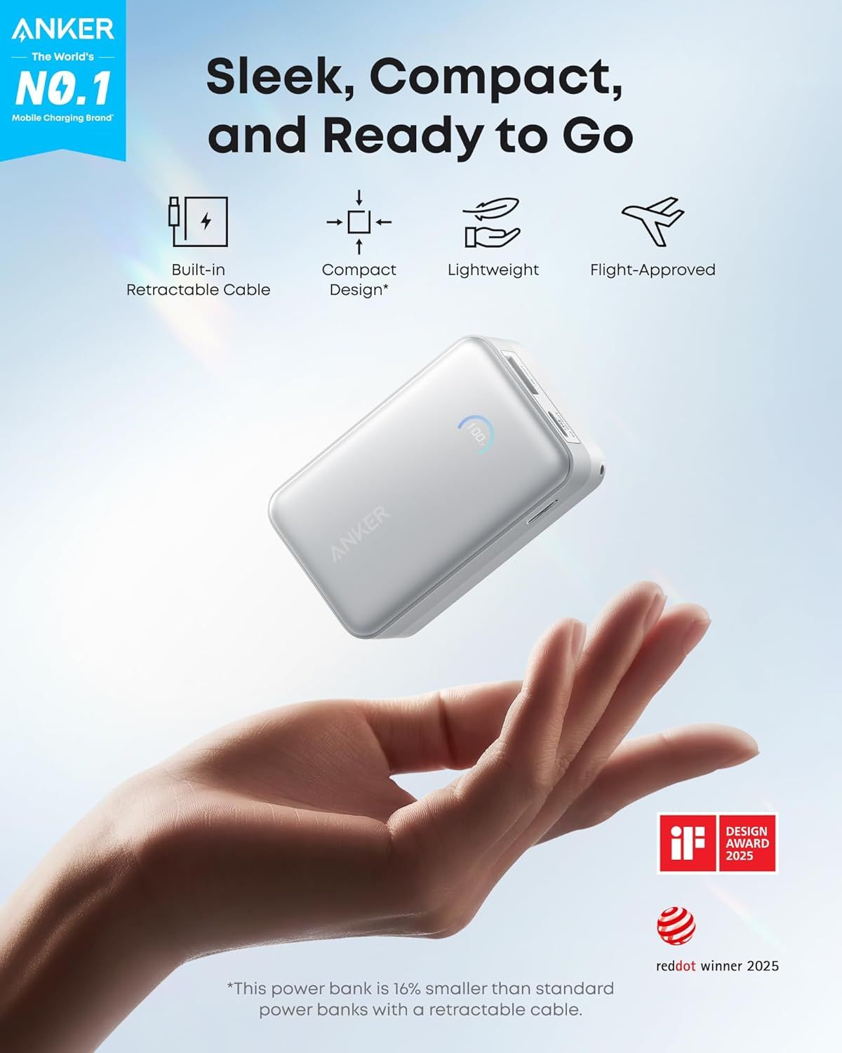 Externt batteri Anker Nano, 10000mAh, 45W, QC + PD, 1 x USB-A - 1 x USB-C, Vit A1638H21