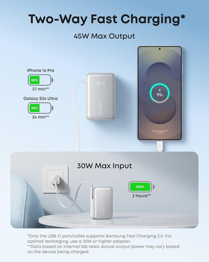 Externt batteri Anker Nano, 10000mAh, 45W, QC + PD, 1 x USB-A - 1 x USB-C, Vit A1638H21
