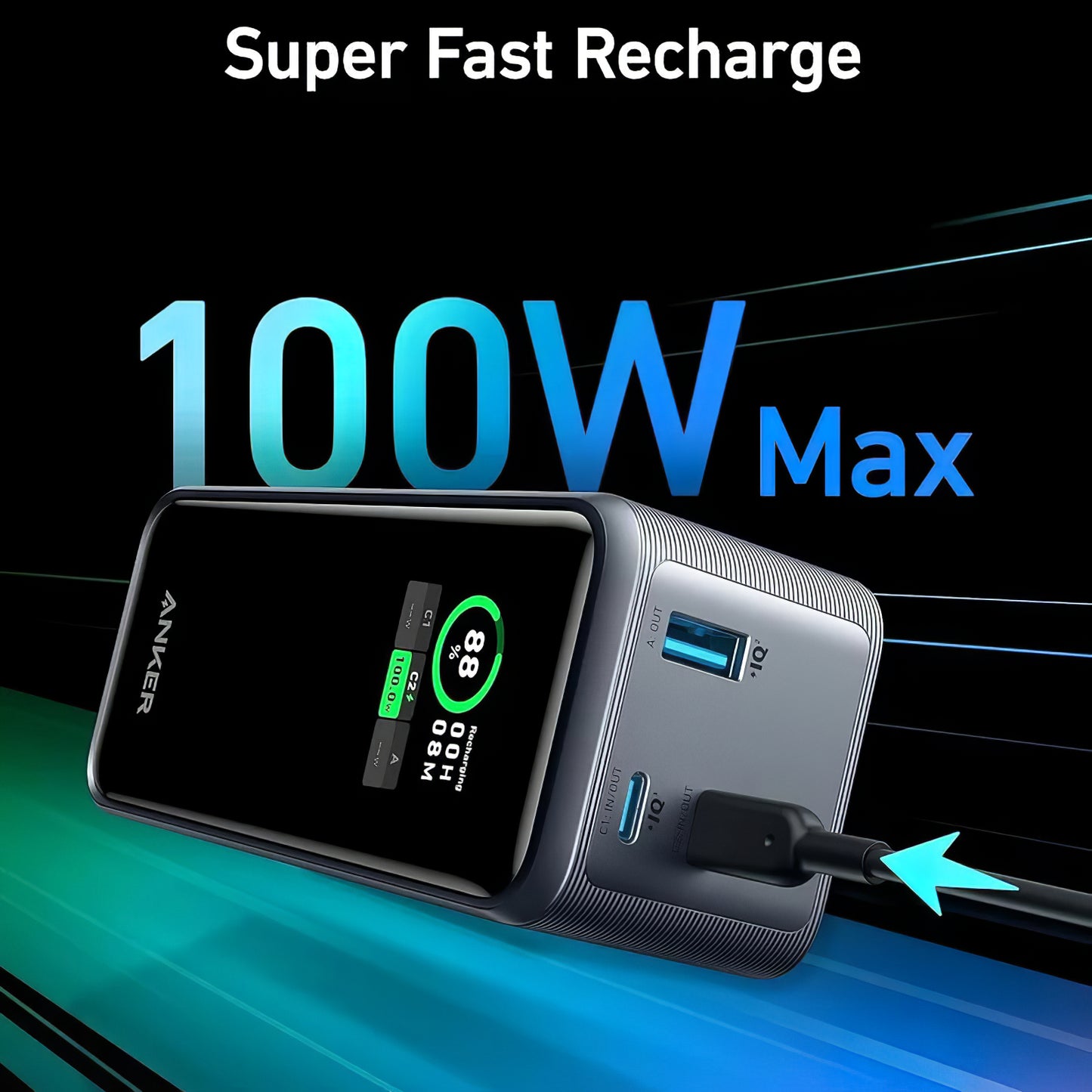 Anker Prime External Battery, 20000mAh, 200W, QC + PD, 1 x USB-A - 2 x USB-C, Black, Resealed A1336011