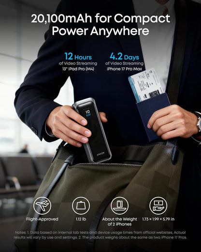 Externt batteri Anker Prime, 20100mAh, 220W, QC + PD, 1 x USB-A - 2 x USB-C, Svart A110BH11