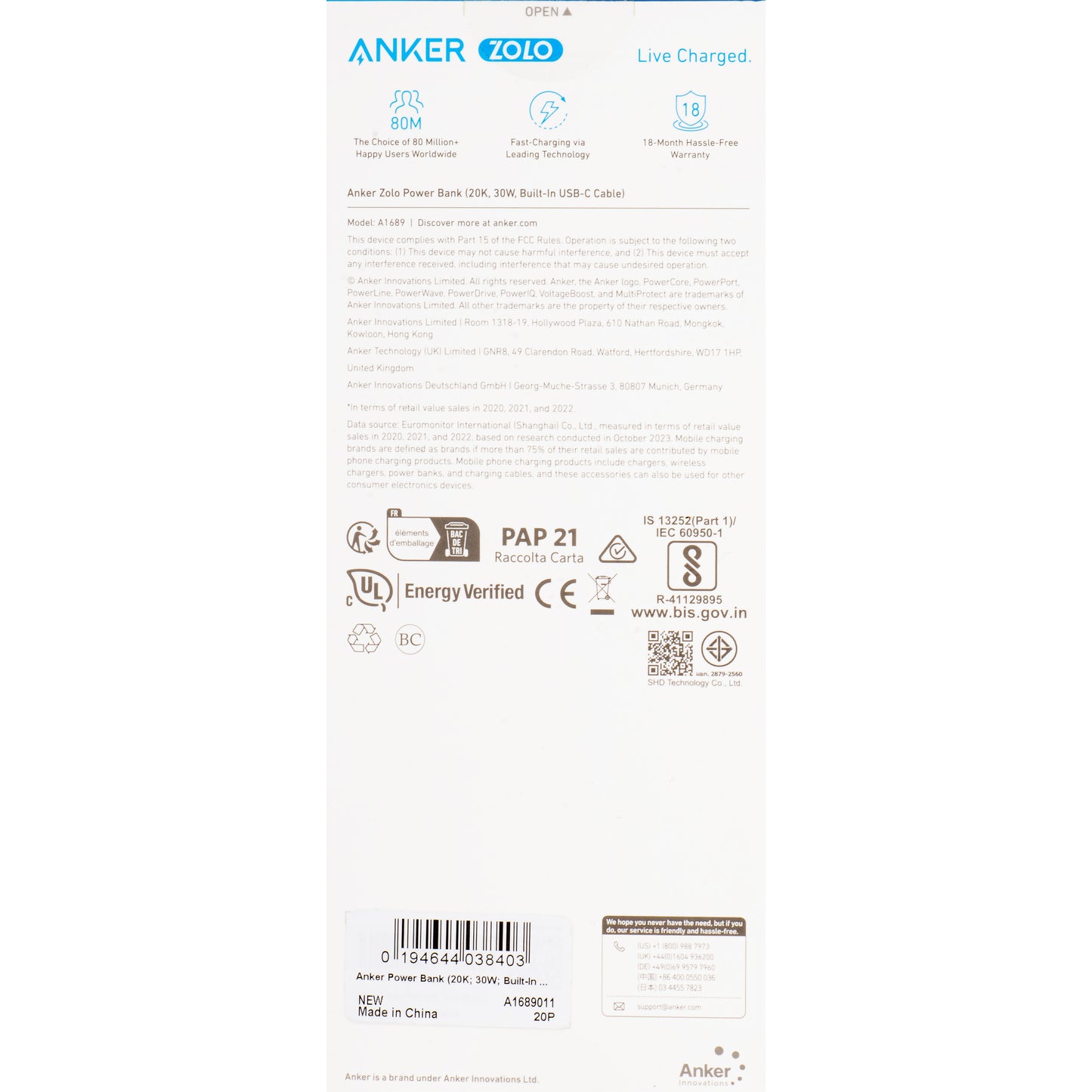 Extern batteri Anker Zolo, 20000mAh, 30W, QC + PD, 1 x USB-A - 2 x USB-C, Svart A1689011