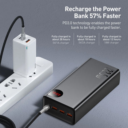Extern batteri Baseus Adaman, 40000mAh, 22.5W, QC + PD, 1 x USB-C - 3 x USB-A, Svart