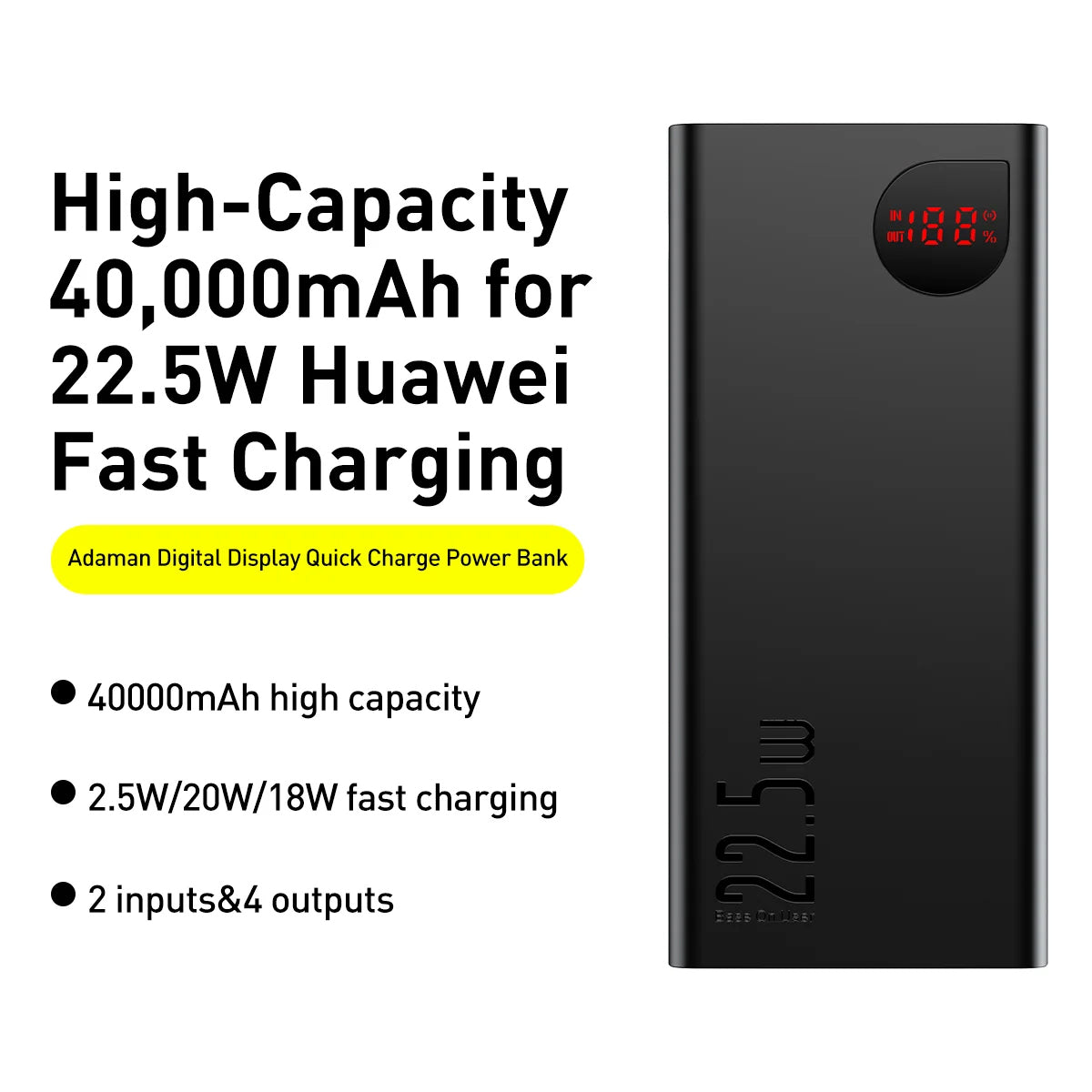 Extern batteri Baseus Adaman, 40000mAh, 22.5W, QC + PD, 1 x USB-C - 3 x USB-A, Svart